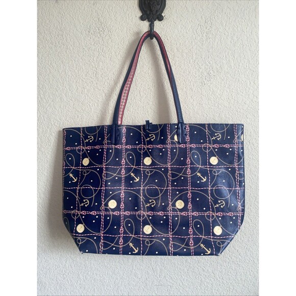 Nautical Cruise Anchors Boat Navy Blue Beach Shoulder Bag Tote Pleather 19x12 - Picture 1 of 10